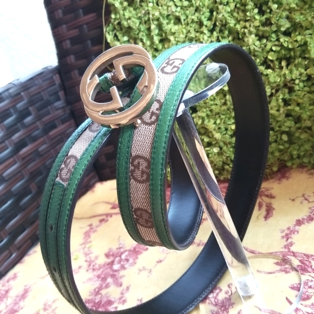 GUCCI Y2k MONOGRAM HTF Forest Green Leather Brown Canvas Luxury GG Buckle BELT - Picture 4 of 12